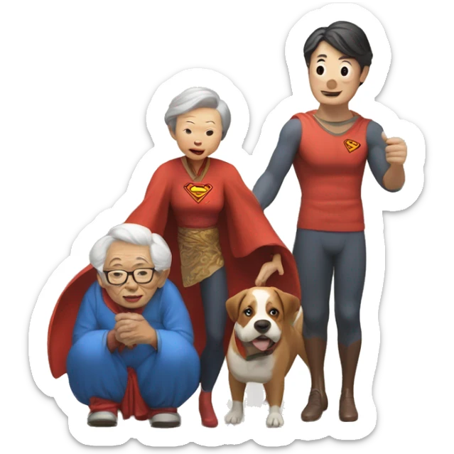 Superman juggling an old Chinese lady, a dog and family sticker