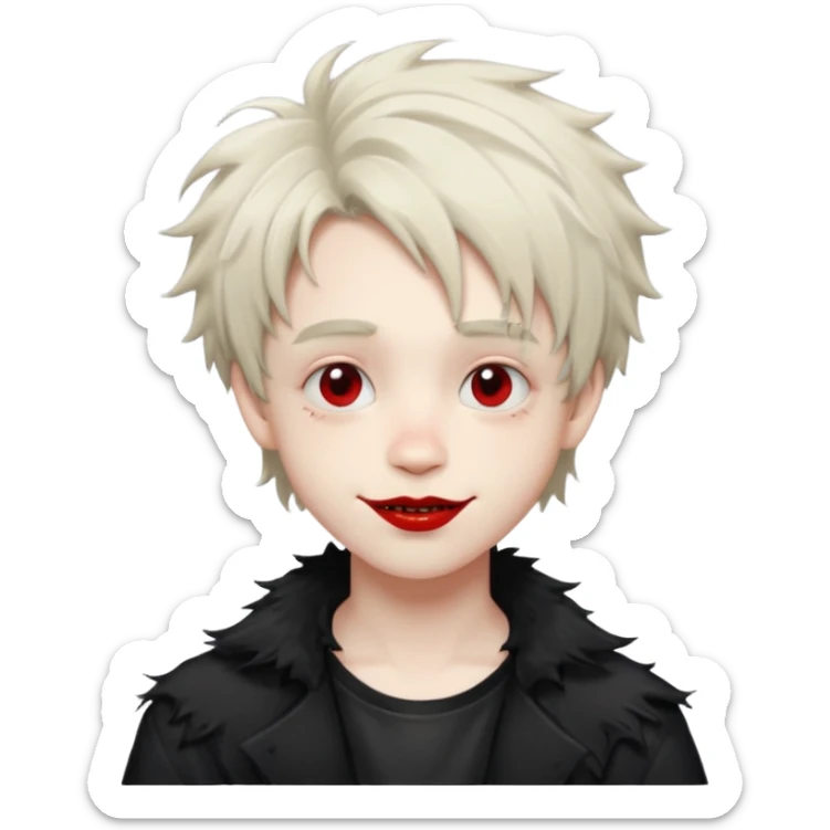 Happy pale Goth boy with shaggy hair, and messy, smudged, red, lipstick  sticker