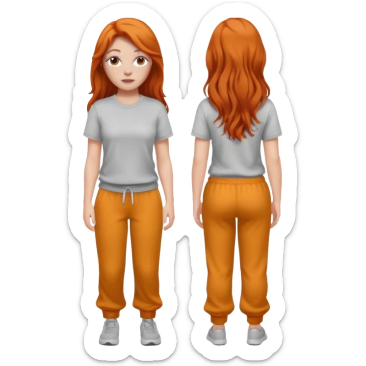 A white girl with freckles long lashes plump lips and ginger long hair pretty and she’s wearing a white shirt full body with grey sweatpants on sticker