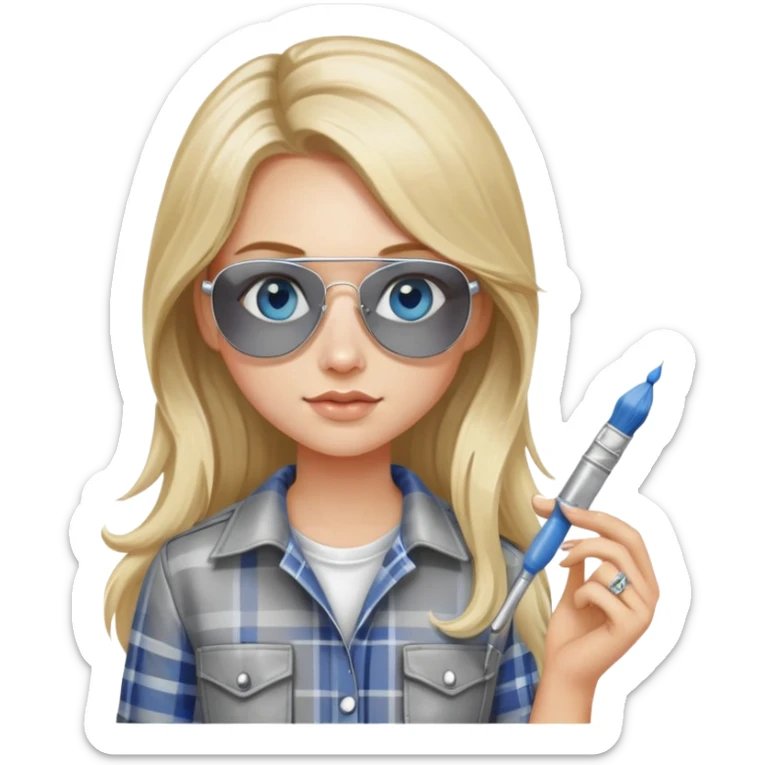 girl with long blond hair, wearing grey plaid shirt with blue eyes and aviator sunglasses wearing a ring on her silver necklace, holding a paint brush roller with a small bit of white paint on her face sticker