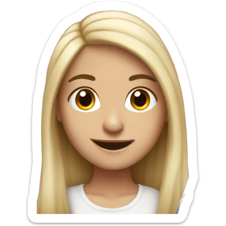 Spanish white girl with no so long hair smiling in front of a laptop sticker