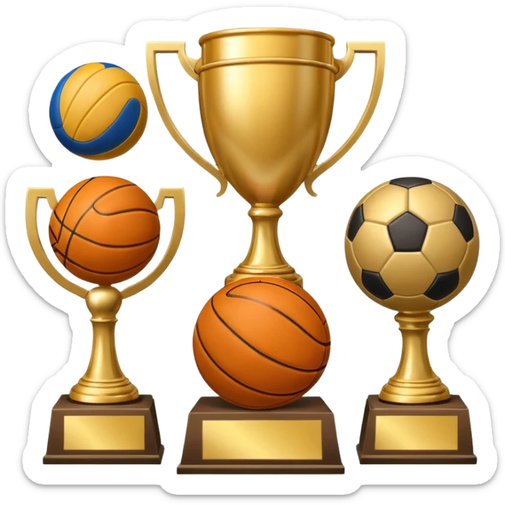 a basketball, soccer ball, volleyball, and a football all mixed with a trophy sticker