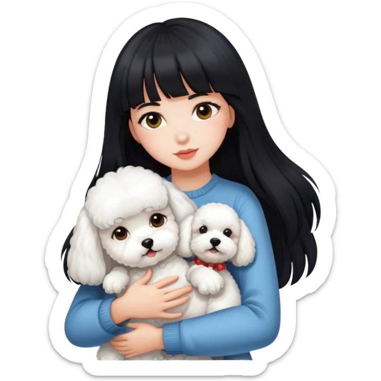 A beautiful girl with long black hair and bangs hugs a Bichon Frise tightly sticker