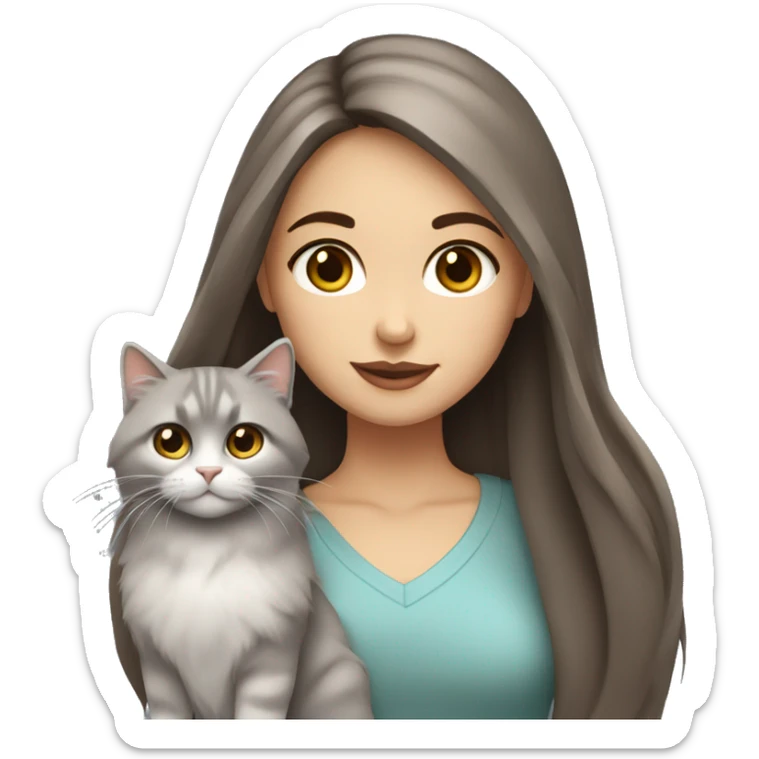 Brown straight hair girl with gray eyes holding fluffy Siberian gray cat  sticker