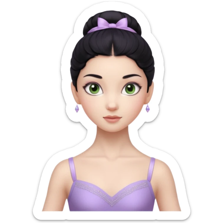 Cinematic Realistic ballerina Light Purple Portrait, depicted with lifelike skin texture, subtle rosy undertones, and soft natural lighting that enhances the gentle contours of her face. Her intricately detailed sweet black hair is elegantly styled, green eyes sticker