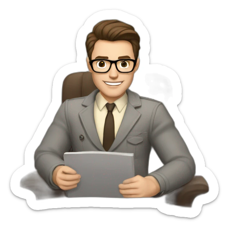 Pale skinned Fit Man With dark brown hair in gray jacket, beige office shirt, Brown pants and vintage glasses sitting In a soft chair with a notebook on spring with emblem Ψ and a pen sticker