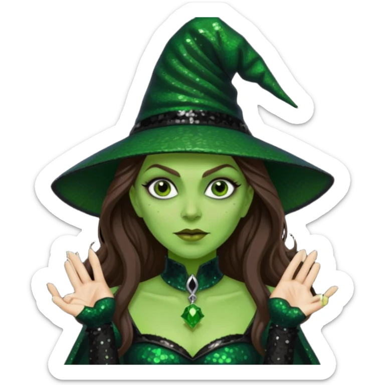 The Wicked Witch from Oz with long brown hair, green skin, black sequin outfit sticker