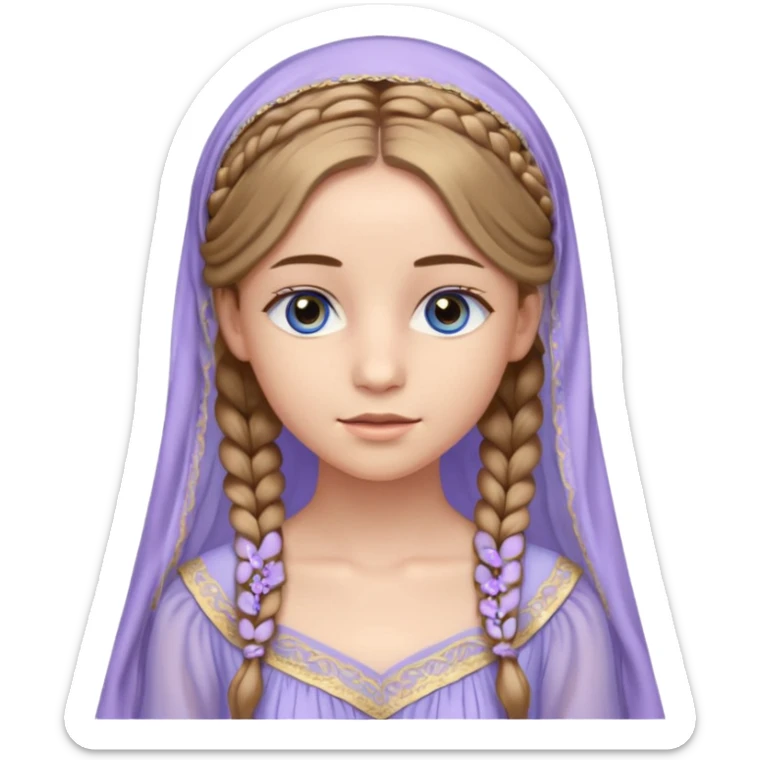 Joven de unos 20 años, de aspecto dulce y elegante.
Piel clara, ojos (pueden ser azules o verdes)
Rubio o castaño claro, largo, con trenzas o velo.
Vestido largo de tonos suaves (blanco, azul o lavanda), con bordados dorados; un manto o toca fina cubriendo la cabeza. se vea todo el cuerpo sticker