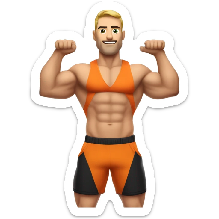 Muscular , bold , Caucasian man in orange t-shirt , black shorts and orange sneakers hanging with only right hand on pull-up bar. Pull up bar is clearly visible sticker