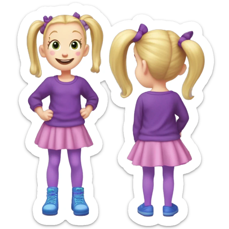 A little blonde girl with pigtails and little purple bows wearing a red long-sleeved shirt and purple overalls skirt with blue tights with green polka dots and purple sneakers, full body, rugrats sticker