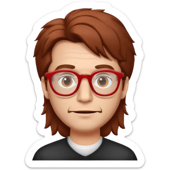 slightly elongated face of a man with red glasses and a big set of brown hair sticker