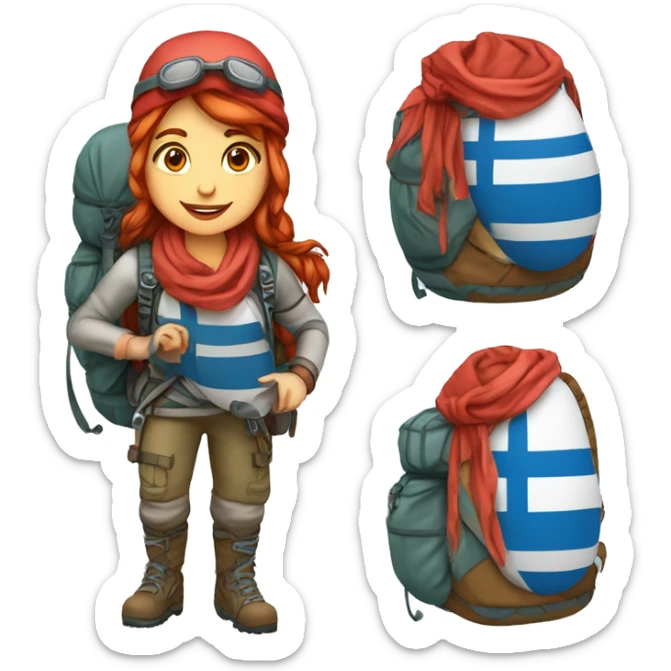 Female winter mountain climber red loose hair climbing with Greek flag on backpack and holding Easter eggs basket sticker