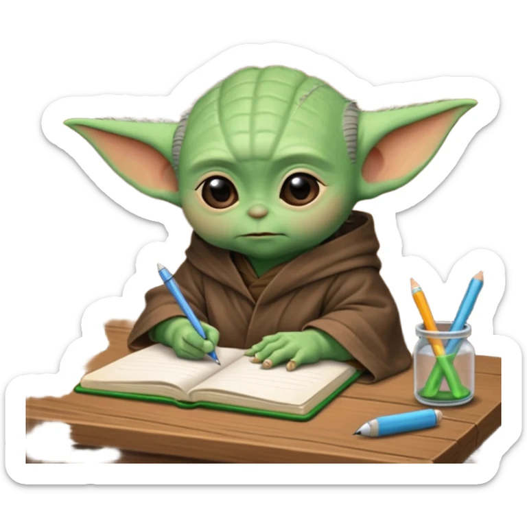 Baby Yoda con su tunica chocolate escribiendo en un cuaderno sobre un escritorio sticker