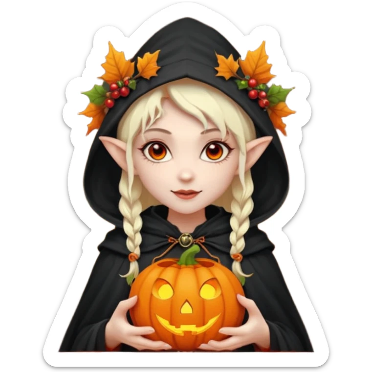 female elf vampire emoji, pale skin, red eyes, elegant face, autumn leaf and pumpkin wreath on head, black hooded cloak with cobweb details, holding small glowing pumpkin lantern, Halloween fantasy theme, Apple emoji style, clean white background, square sticker