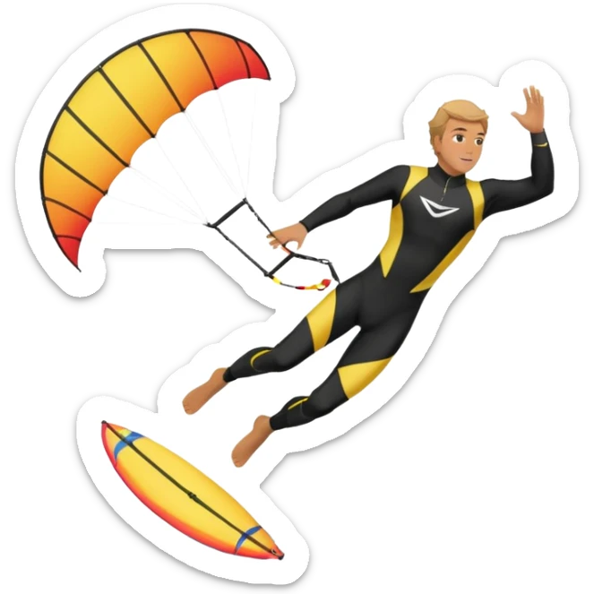 Kiter man con neopreno negro largo en el mar con una cometa kite surf de 18 metros,haciendo kite surf y el truco downloop sticker