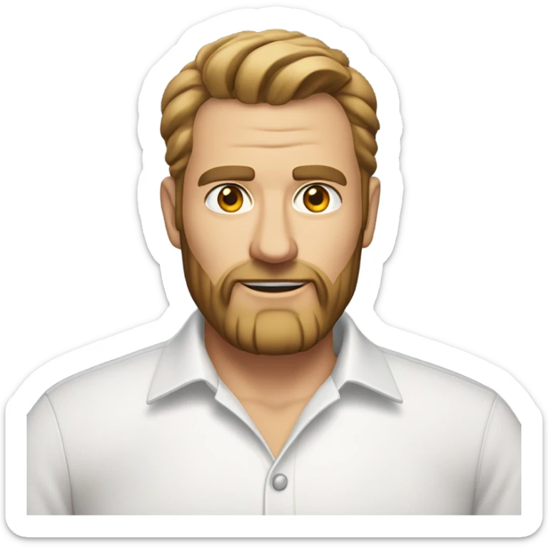 middle aged english man, short slicked back hair dark blonde, dark blonde medium length size full beard, wearing only a plain white smart shirt unbuttoned. sticker