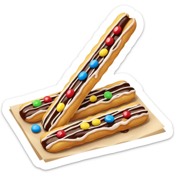 Add chocolate drizzle and m&ms on top of the crispy golden churros, put then on a paper sticker