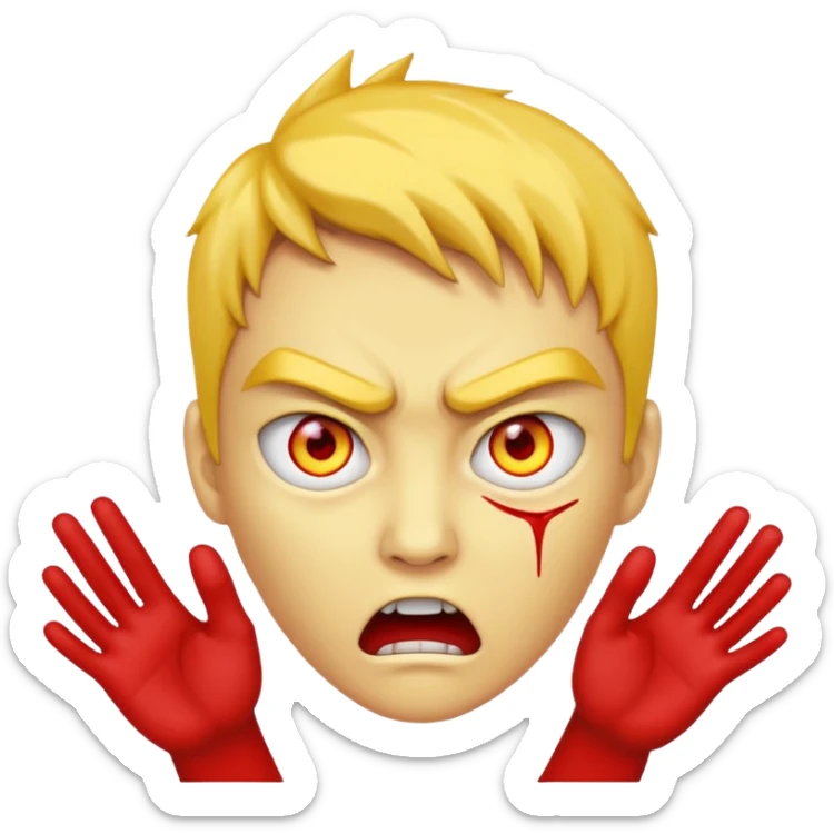 Person reaching out facing camera with red eyes and yellow skin and is very mad sticker