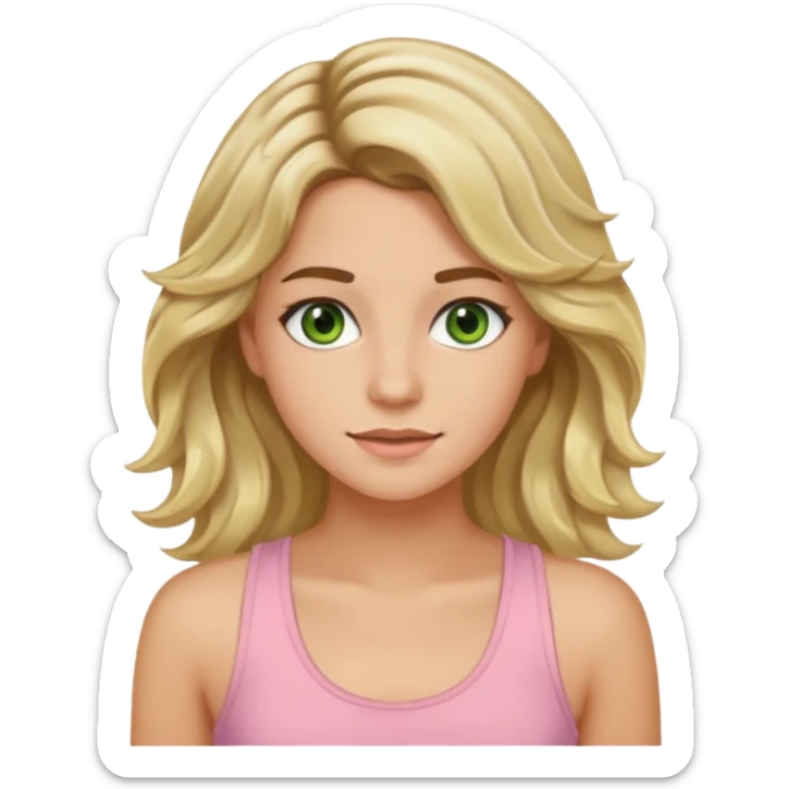 ca you make her hair a 20-year-old girl with long wavy hair brown roots blonde highlights green eyes brown eyebrows good summer tan iPhone emoji style with light pink tank top can you make her hair a little longer please sticker