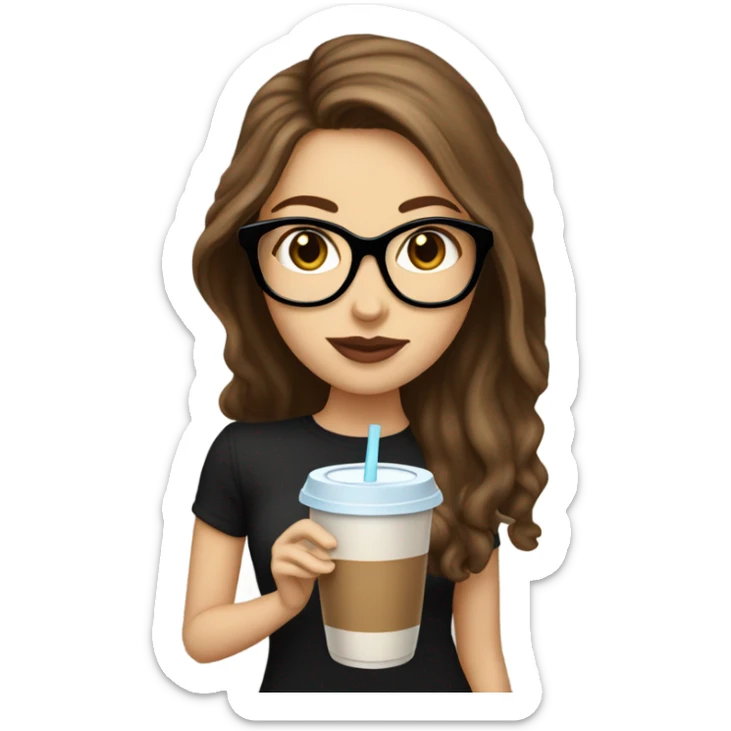 White girl with long brown hair and black glasses and big lips with iced coffee sticker