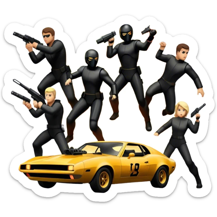 Photorealistic Icon for Action Movies: Dynamic collage of iconic action movie scenes featuring explosions, fast cars, combat, and weapons. Include silhouettes of famous action heroes, dramatic lighting, and a sense of high-octane energy. Transparent background. sticker