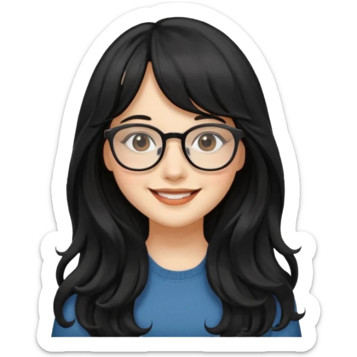 Please generate a portrait of a pretty girl with long, wavy, black hair. She's smiling. She also wears a middle parting and bangs. with glasses sticker