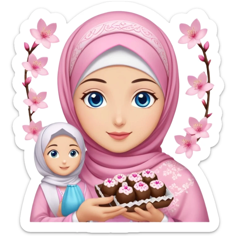 Turkish beautiful finish Konya girl blue eyes with cherry blossom hijab islamic dress and had on her hand text Eid Mubarak with sweets and celebrating with her friends eid days   sticker
