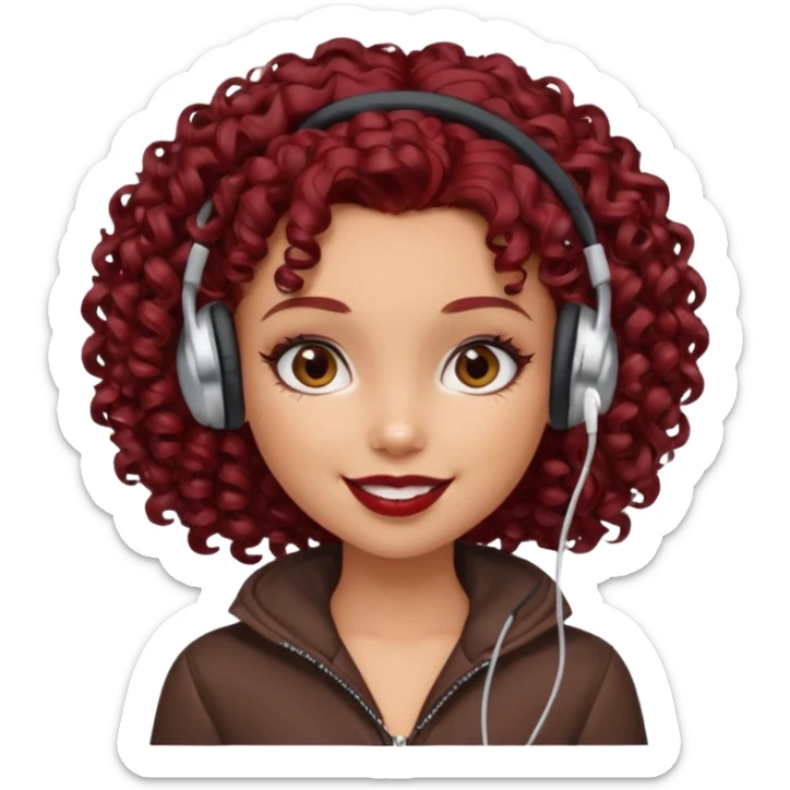 generate a pretty bratz girl curly dark red hair, brown lipstick on, wired earphones on, smiling sticker