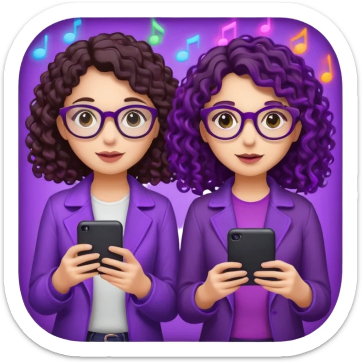You can create two girls enjoying a concert, one brunette with purple highlights, the other brunette with curly hair and glasses. With purple lights around them.   sticker