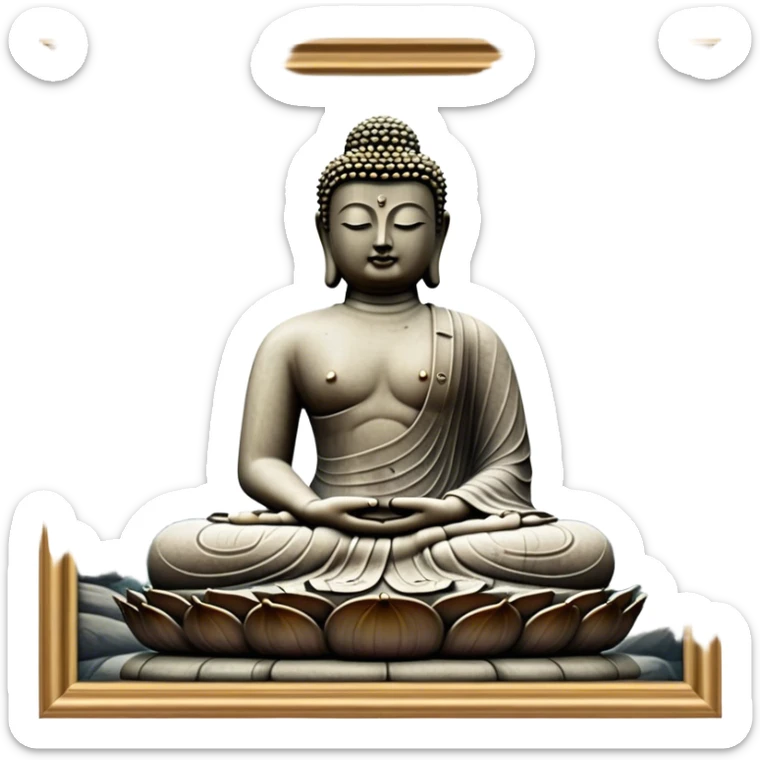 Cinematic Realistic image of the Big Buddha Monument of Sinheungsa Temple, portrayed as a towering, serene Buddha statue carved from weathered stone with intricate details and a gentle meditative expression, set within an ancient temple landscape enveloped in soft, ethereal lighting that underscores its spiritual majesty. sticker