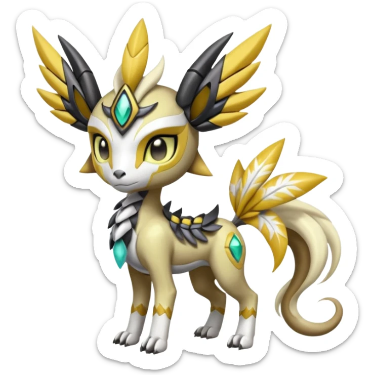 Cute Baby Colorful Shiny Tribal Skeletal masked armored Meloetta-Silvally-Solgaleo-Raikou-Pokémon-Digimon-Fakémon-fusion-hybrid-creature, full body sticker