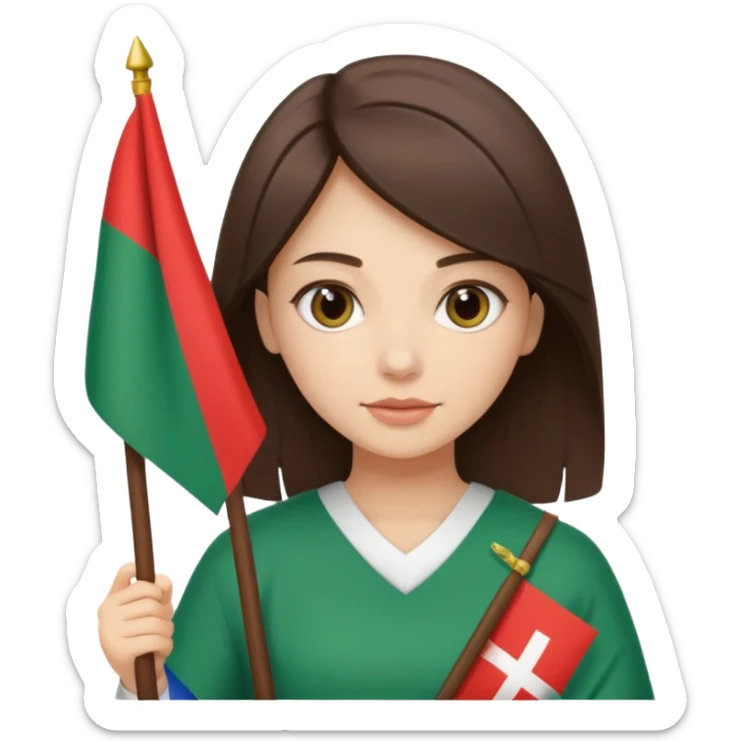 Balkan brunette girl with straight hair holds a Bulgarian flag sticker