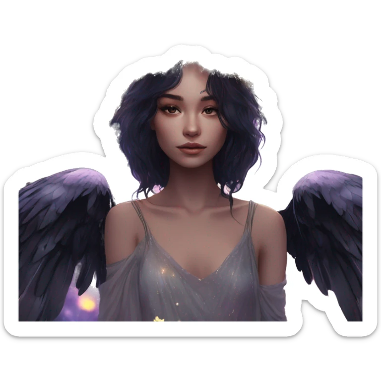 Black Raven wings bohemian girl Ethereal galaxy constellation girl angel raven wings black wings, gold arrow, nebula, flower crown, fairy lights, iridescent, nature, shot by golden arrow sticker