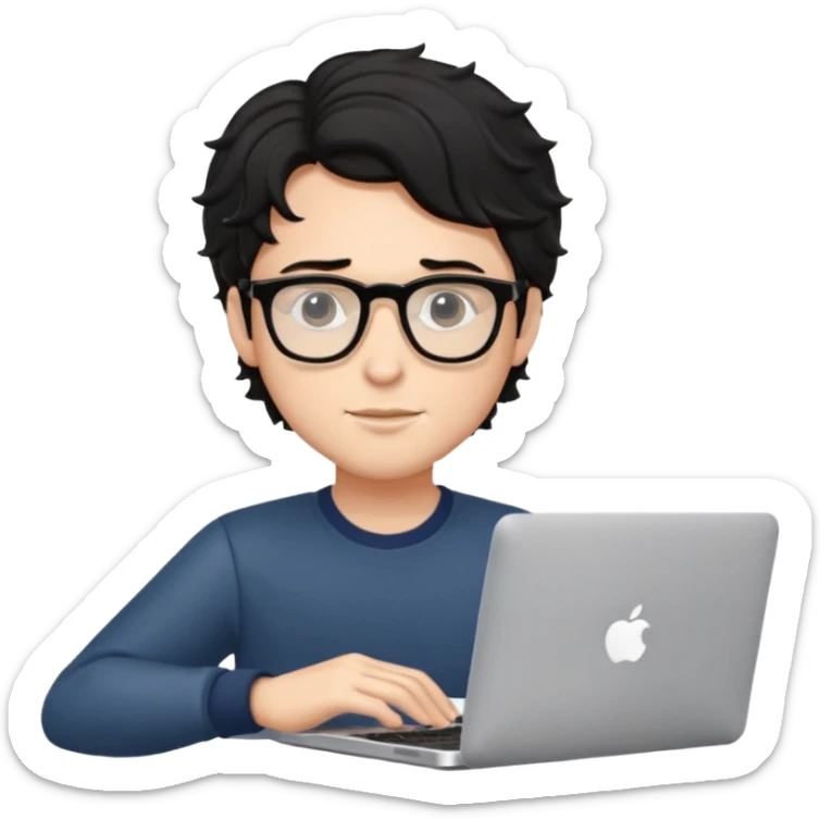 guy with wavy black hair and skin tone a little bit white and glasses, with a macbook sticker