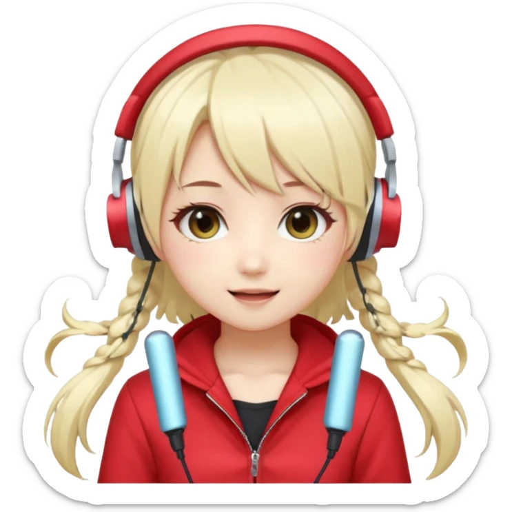 Cute kawaii emoji-style Japanese K-pop singer girl, long platinum blonde hair in twin tails, red outfit, headset mic on cheek, Japanese K-pop idol vibes, big sparkling eyes, chibi proportions, clean lineart, pastel colors, cheerful idol smile, sticker/emoji style, transparent background sticker
