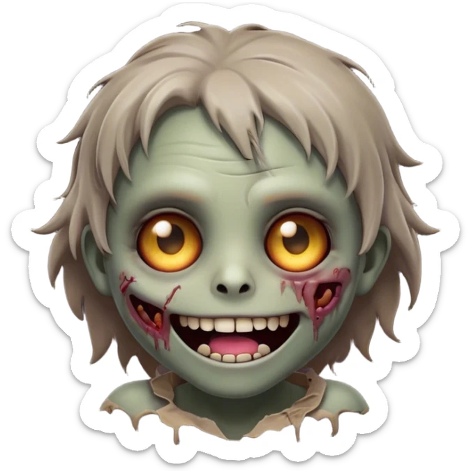 Cinematic Cute Zombie Portrait Emoji, with a delightfully quirky, slightly disheveled face in muted ashen hues, featuring quirky bright eyes and a playful, stitched-together smile, simplified yet irresistibly charming, highly detailed with a soft glowing outline that captures the adorable, offbeat spirit of a zombie who’s more cute than creepy! sticker