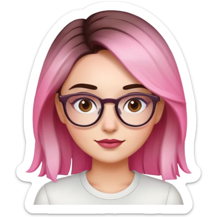 woman with gradient hair from dark to pink with glasses, brown roots, brown eyebrow, flirting sticker