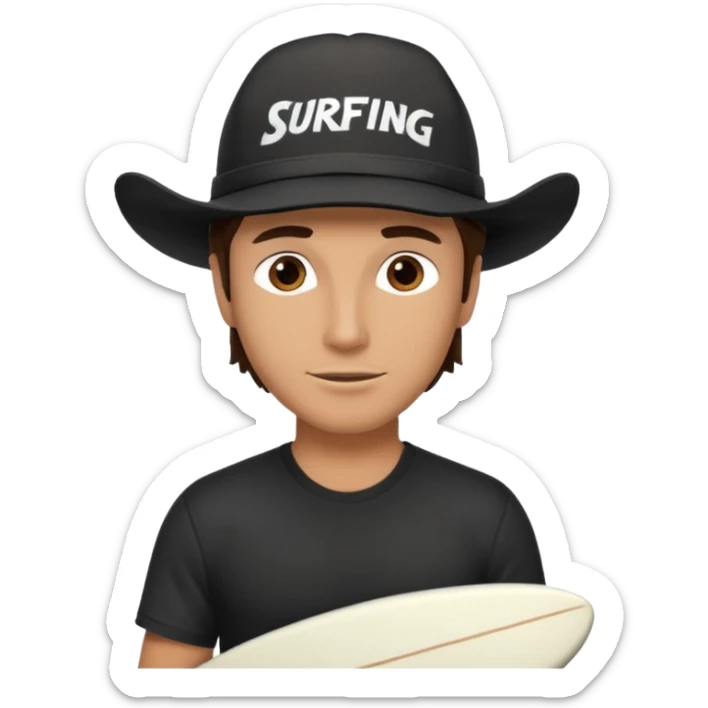 Male brunette movie producer black baseball hat that says surfing cowboys with white tshirt sticker