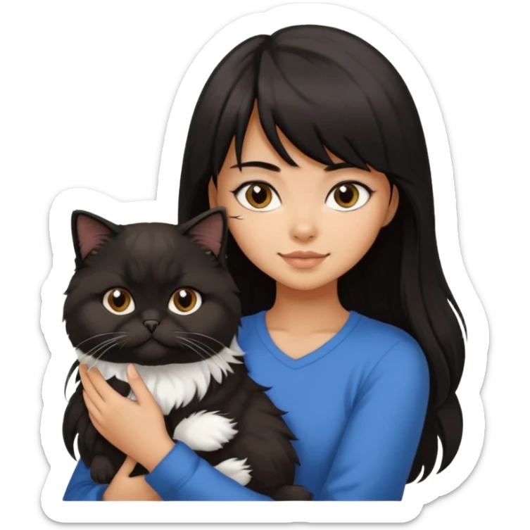 a girl with long dark brown, almost black hair with bangs, holding a fluffy black and white Persian cat sticker