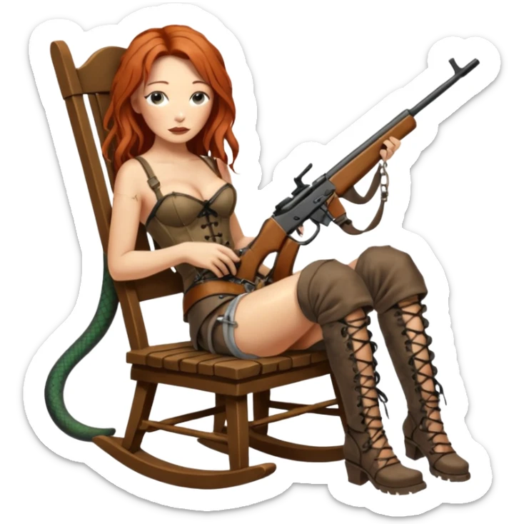 solarpunk ultra HD old and tired Tori Amos casually crouches on a rocking chair in a torn corset, holding a lintlock rifle and with muddy feet. a bronze snake wrapped itself around the chair sticker