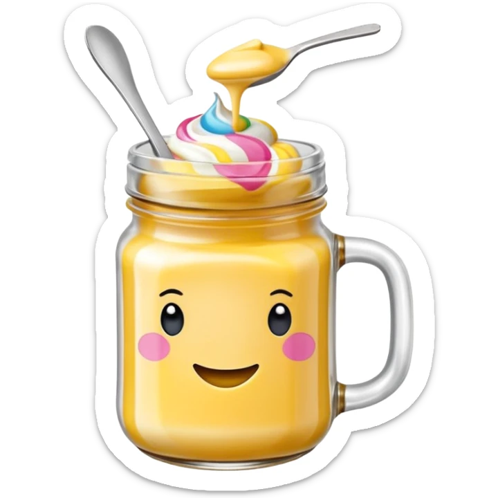 Una miniatura fotorrealista de una mantequilla corporal batida en un tarro de varios colores llamativos combinados de forma batida hasta arriba. Estilo: postre, arte, colores vibrantes. sticker