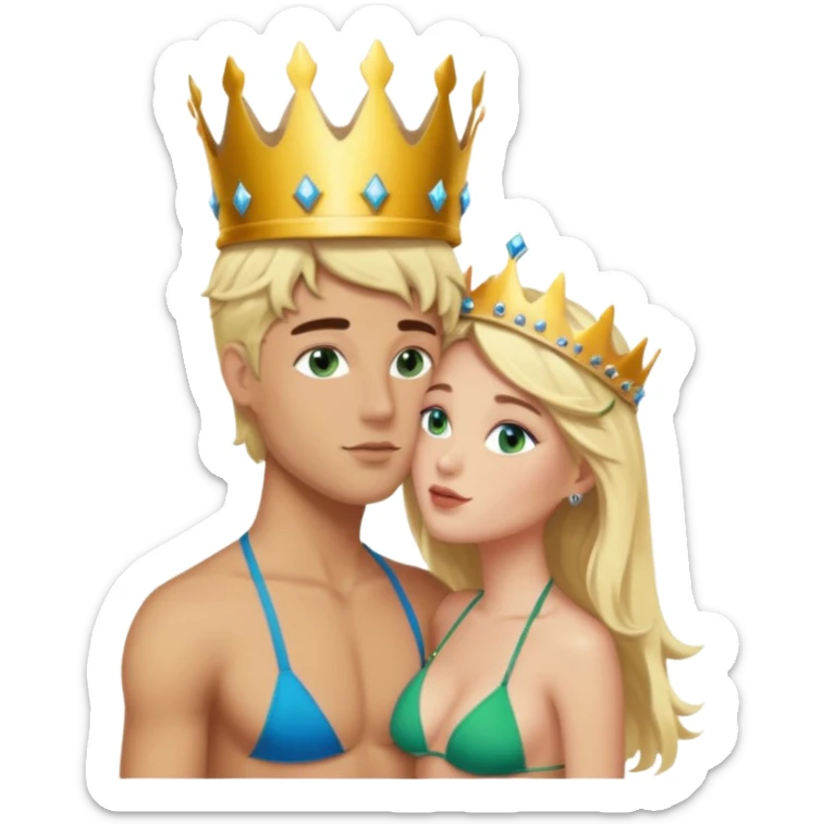 Blonde Queen Green eyes with crown in Bikini kissing Male subject dark Hair blue eyes sticker