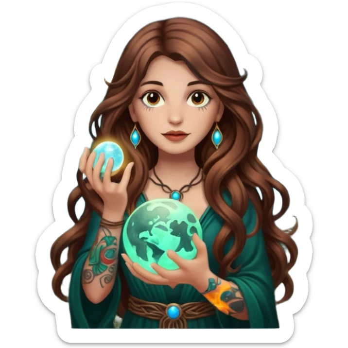 forest mystic woman long wavy brown hair tattoos holding glowing moon orb sticker