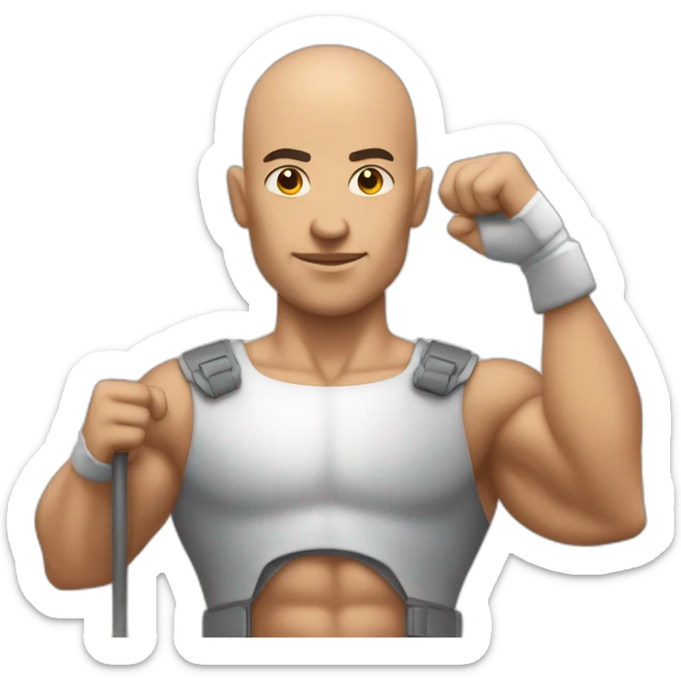 Bald muscular Man with a round traffic sign in his hand which he uses as a shield sticker
