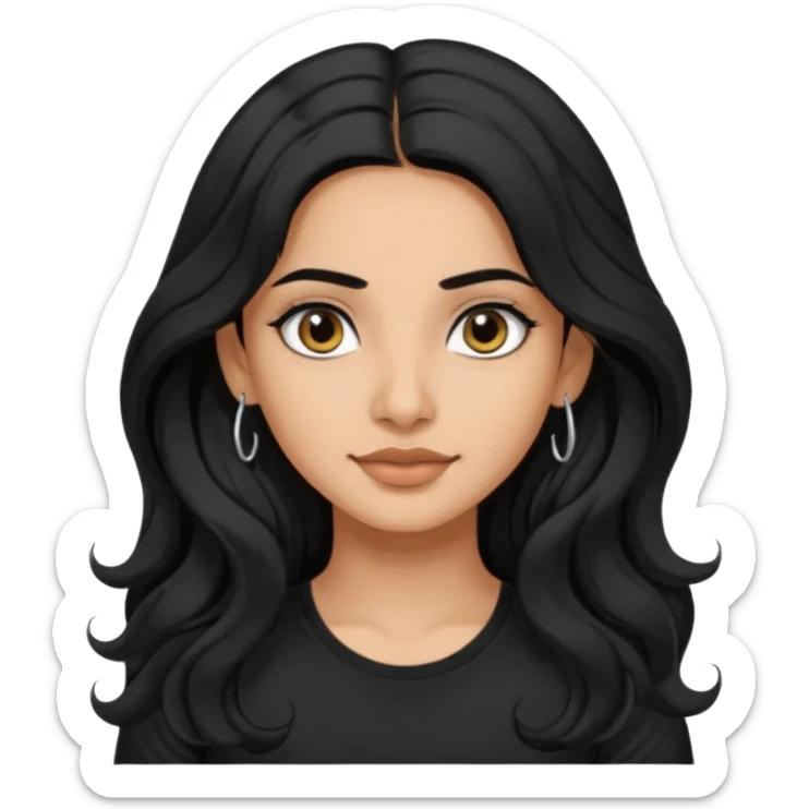 a pretty indian bratz girl with wavy long black hair, wearing a black tshirt, eyeliner on. no earrings sticker