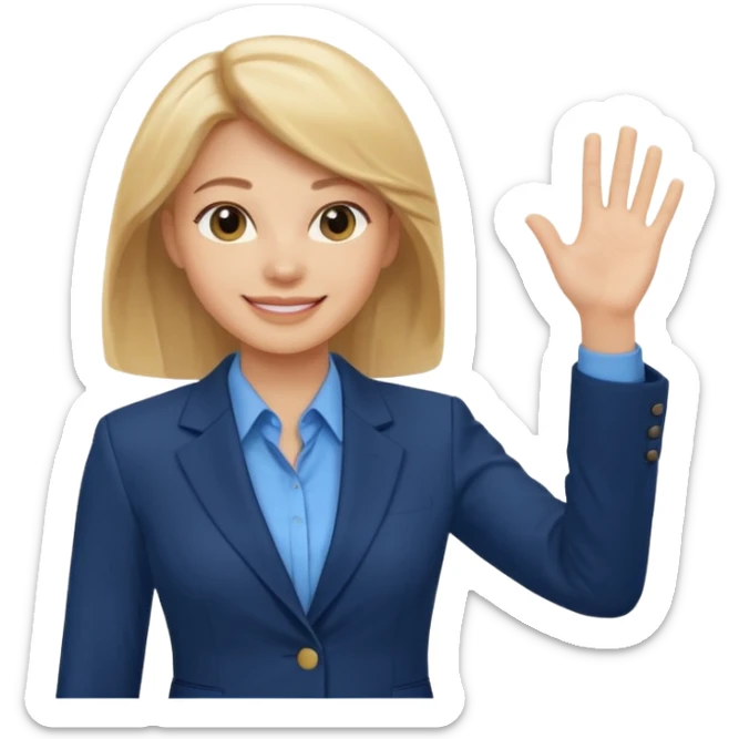 Make emoji of business woman with light skin and medium blonde hair in a dark blue business suit and light blue shirt waiving to new clients sticker