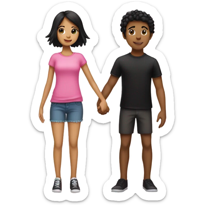 Emoji of a tan girl with black hair wearing pink and a boy with black hair wearing black holding hands sticker