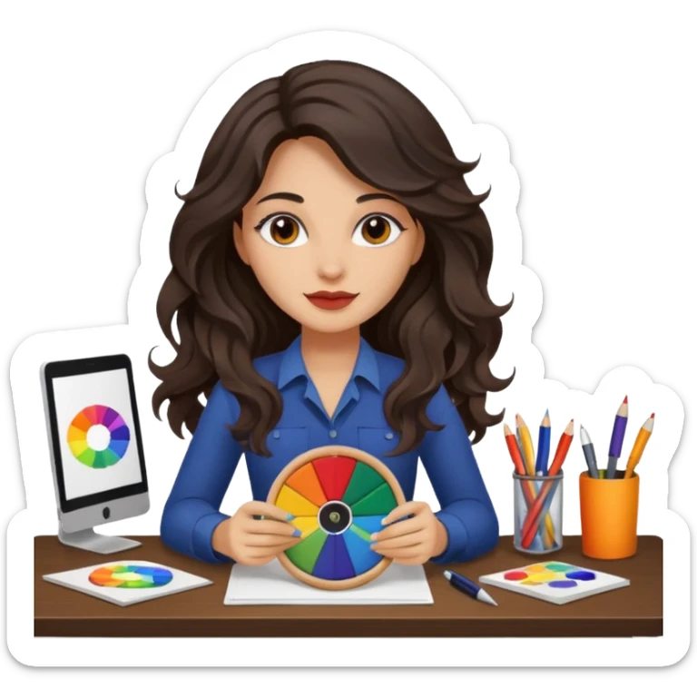 female dark wavy long hair graphic designer , holding color wheel , pens, papers, desktop sticker