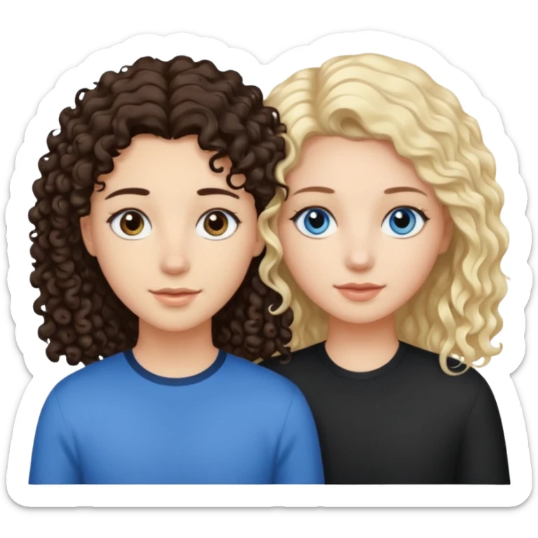 two best friends one brown eyes dark curly hair and the other, blond straight hair, blue eyes sticker