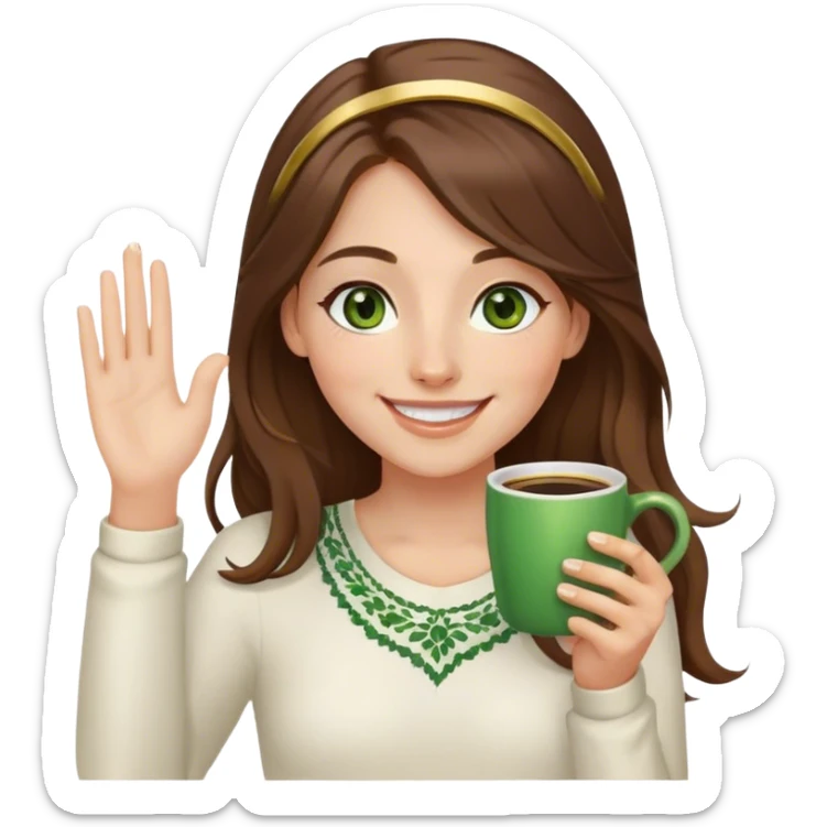 Long, Brown haired girl with middle hair part, green eyes, gold hoop nose ring, smiling, waving with one hand, coffee mug in the other sticker